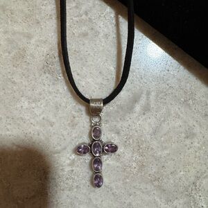 Silver and Purple Gemstone Cross Necklace
